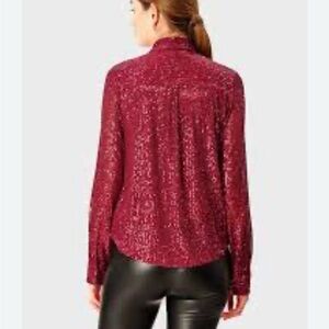 Anthropologie Red Sequin Mandarin Collar Blouse